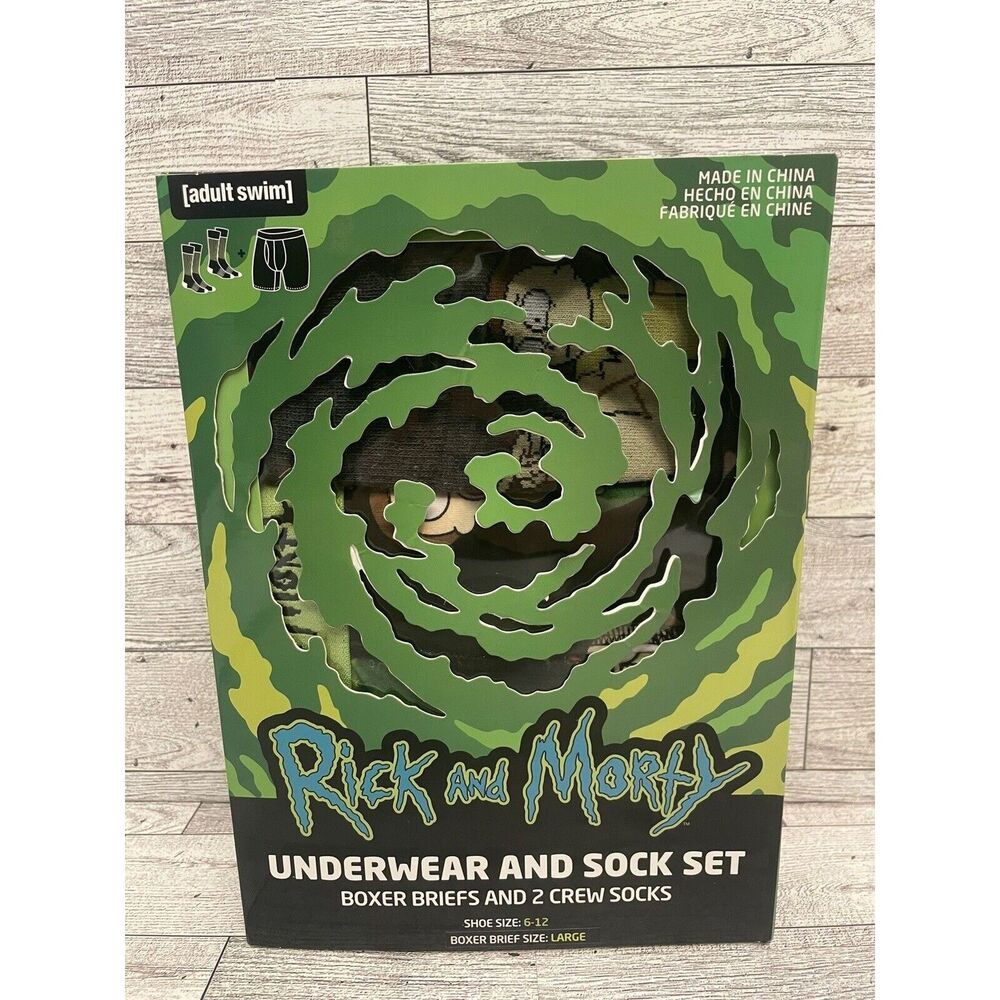 RICK AND MORTY MEN'S BOXER BRIEFS & 2 PAIRS CREW SOCK SET. SZ L